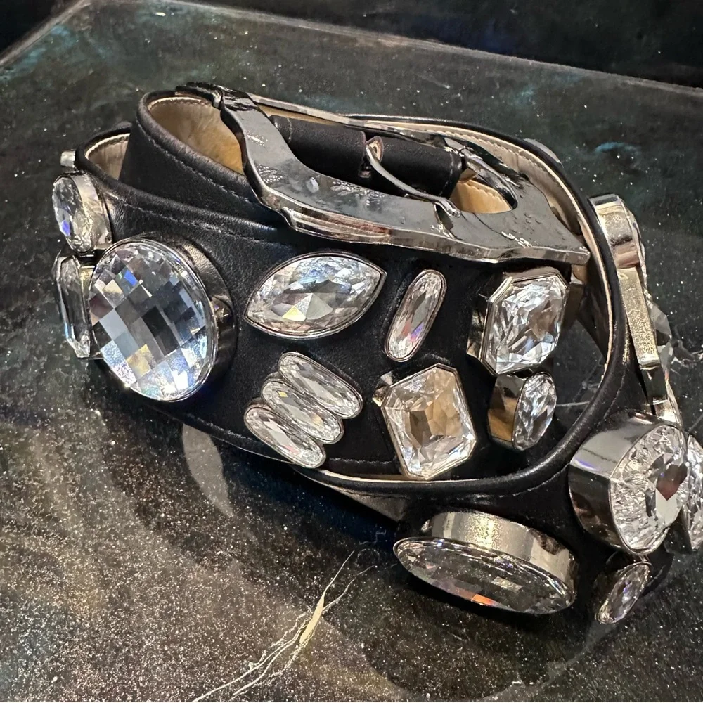 BB Simon Swarovski Crystal Y2K Elegant Black Leather and Silver Embellished Belt